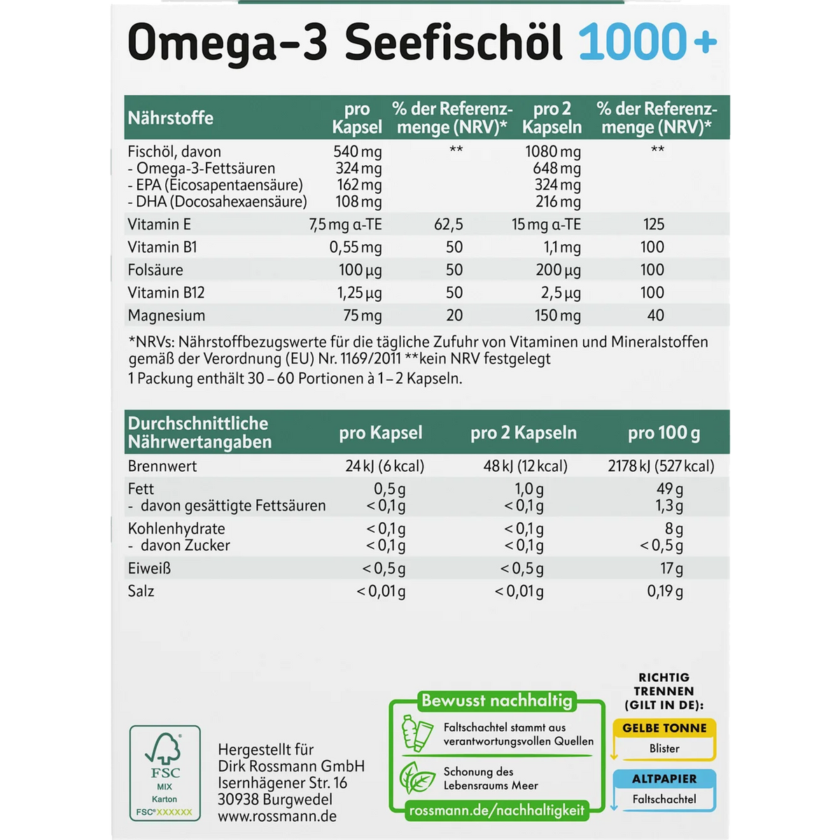 Altapharma Omega-3 sea fish oil 1000+ B vitamins + folic acid + magnesium + vitamin E 60 capsules