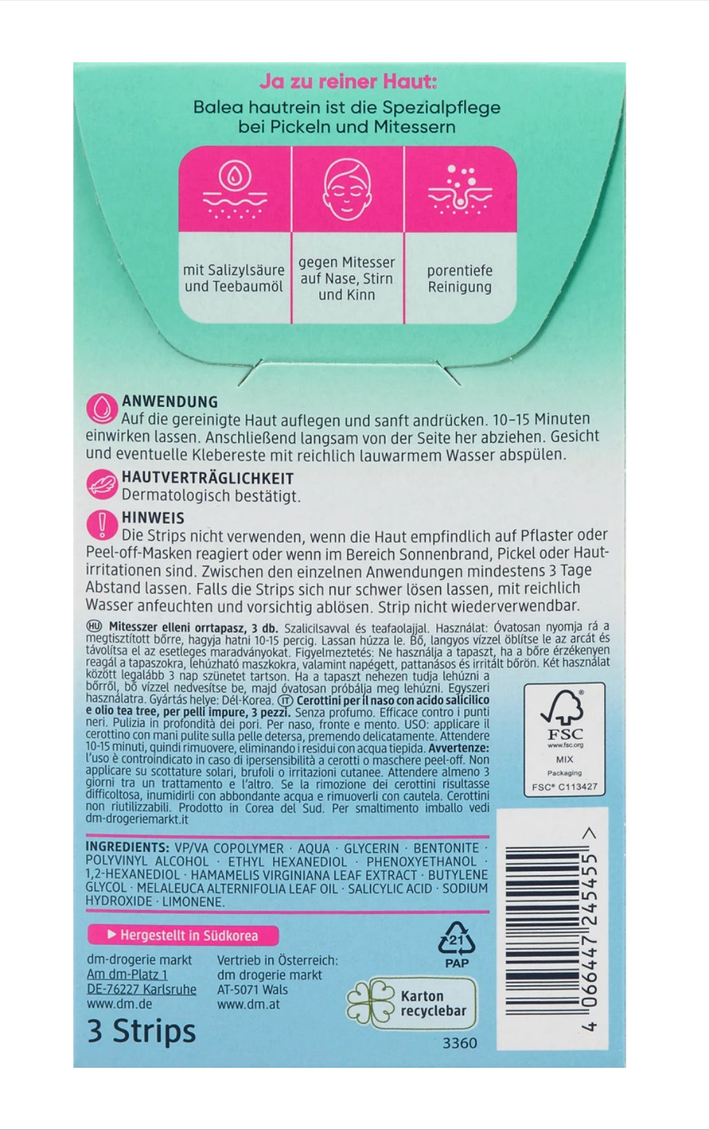 Balea Anti-Blackhead Nosestrips Skin Clean, 3 pcs