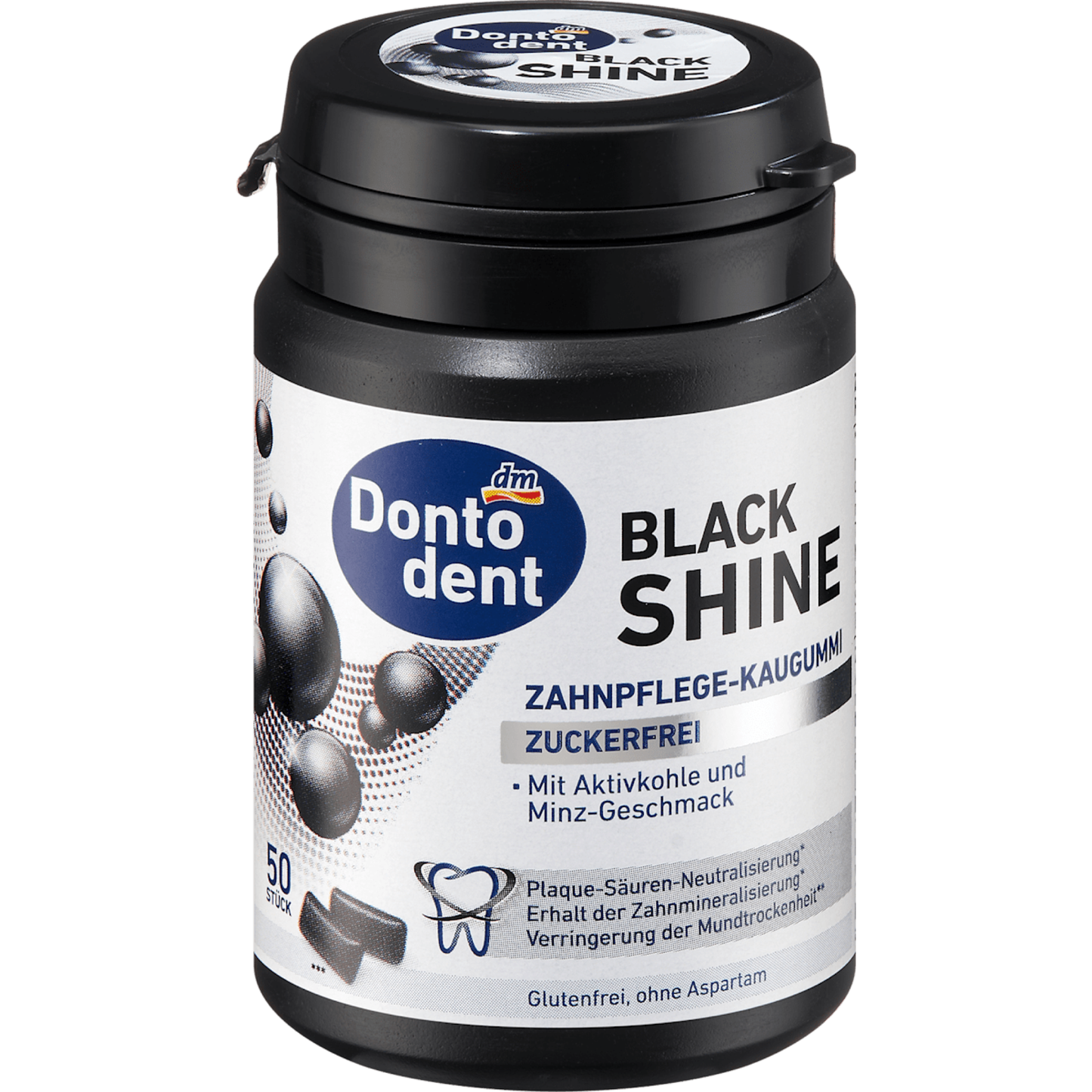 Dontodent Chewing gum, Black Shine with activated charcoal, sugar-free, 50 pieces
