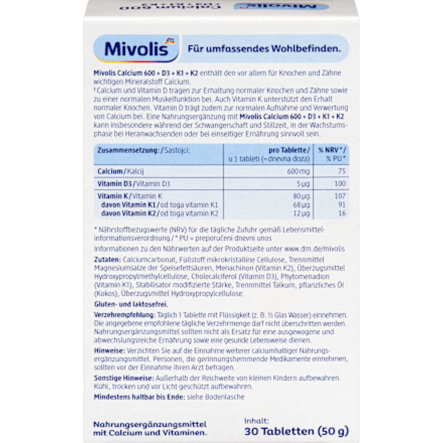 Mivolis Calcium 600 + D3 + K1 + K2 Tablets, 30 count, 50 g