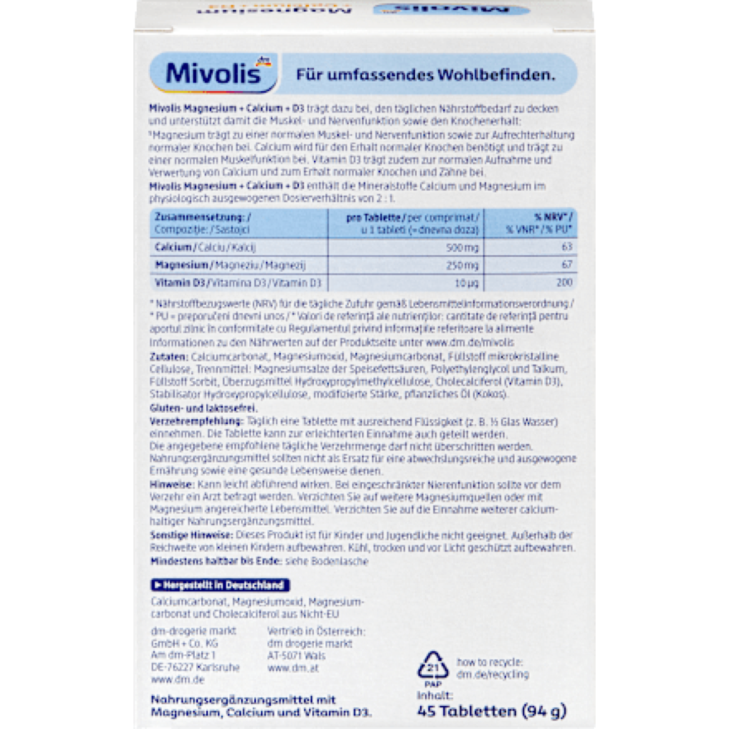 Mivolis Magnesium + Calcium + D3 Tablets 45 count, 94 g