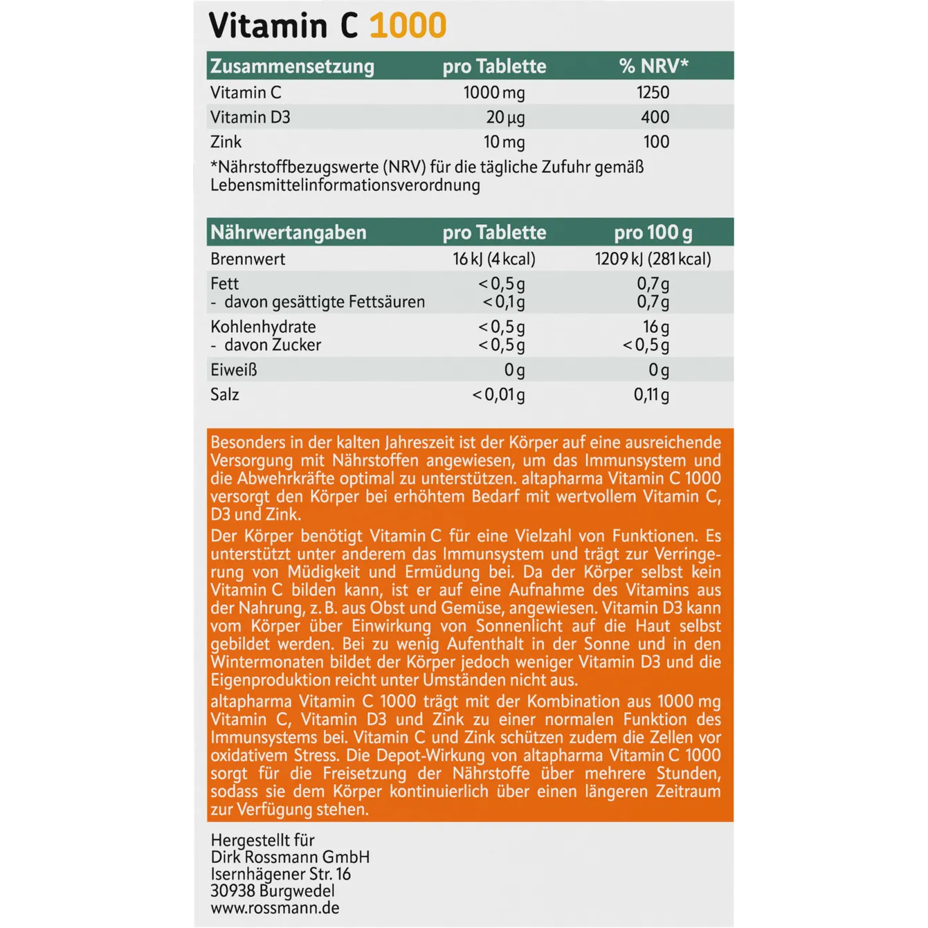 altapharma Vitamin C 1000 tablets 30 pieces