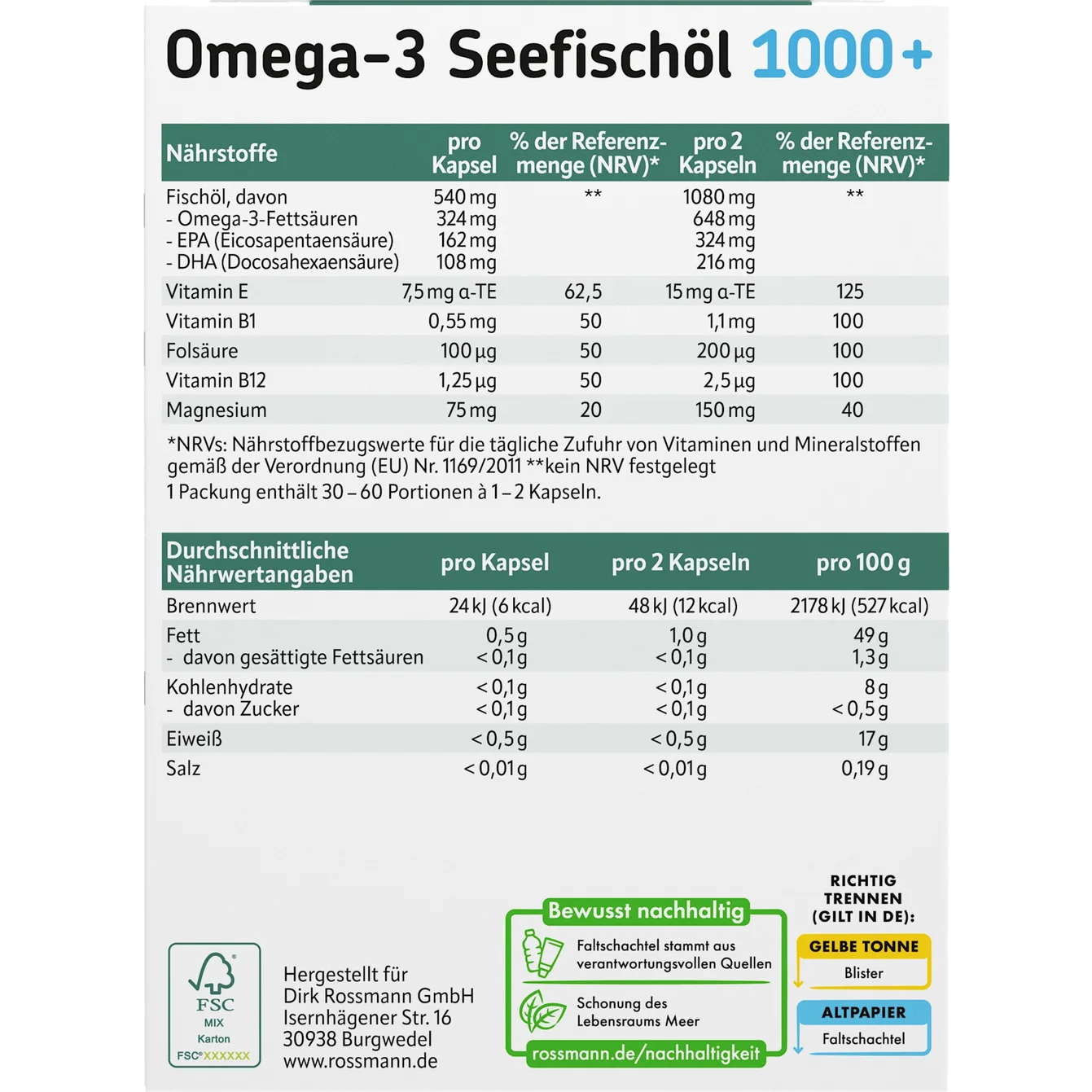 Altapharma Omega-3 sea fish oil 1000+ B vitamins + folic acid + magnesium + vitamin E 60 capsules